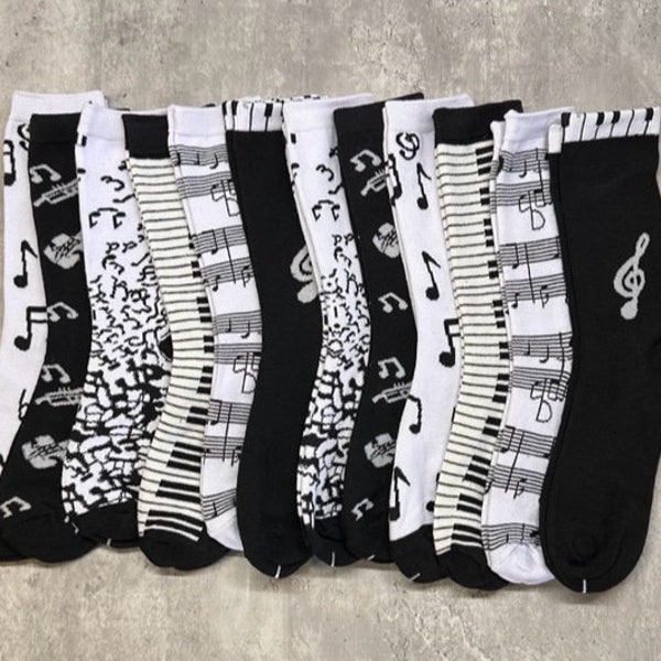 Gifts for Music Lovers, 6 or 12 Pack of Socks, Adult Stocking Stuffers, Black and White Footwear, Piano Player Present, Party Favor Ideas