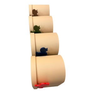May include: A stack of beige cylindrical containers, each adorned with a colorful duck-shaped accent. The ducks are in shades of brown, green, blue, and red. The containers have a ribbed texture.