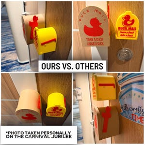 May include: A comparison of duck mailboxes. One is yellow with a red mailbox door and the other is tan with a red duck design. The text "DUCK MAIL" and "TAKE A DUCK LEAVE A DUCK" are visible. The text "OURS VS. OTHERS" is also visible.
