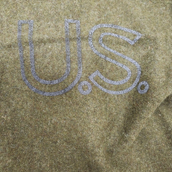 Vintage Military Issued OD Green Wool Blanket with US Stamp