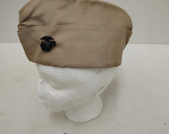 Vintage Military Issued USMC Tan Garrison Hat with Pins