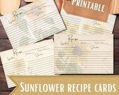 Printable Sunflower Recipe Cards, PDF & PNG, 3x5 and 4x6, fall flower digital download cooking