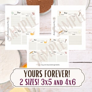 Puede incluir: Varias tarjetas de recetas con ilustraciones de utensilios de cocina, como un batidor y un rodillo. Cada tarjeta tiene secciones para ingredientes, porciones e instrucciones. Las tarjetas muestran la palabra "Recipe". La imagen tambi&eacute;n incluye el texto "YOURS FOREVER! 2 SIZES! 3X5 AND 4X6".