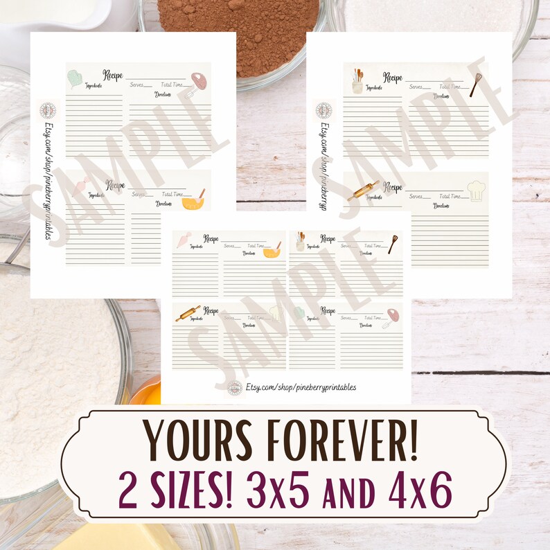 Puede incluir: Varias tarjetas de recetas con ilustraciones de utensilios de cocina, como un batidor y un rodillo. Cada tarjeta tiene secciones para ingredientes, porciones e instrucciones. Las tarjetas muestran la palabra "Recipe". La imagen tambi&eacute;n incluye el texto "YOURS FOREVER! 2 SIZES! 3X5 AND 4X6".