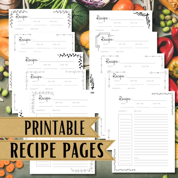 Printable Recipe Pages template, binder sheet kit, digital download pdf png