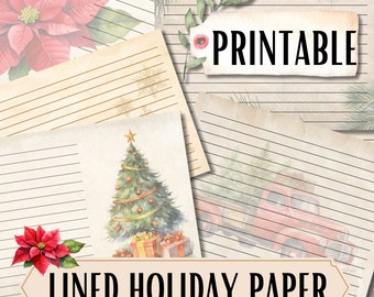 Printable Christmas Writing Paper, lined Holiday stationery PDF PNG digital download