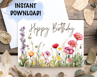 May include: A birthday card with a floral design featuring red, pink, yellow, and purple watercolour flowers. The card is accompanied by a white envelope. The words "Instant Download!" are displayed in a blue bubble.