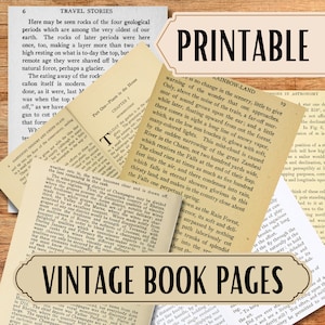 May include: A collection of vintage book pages, with the word "PRINTABLE" in a banner. The pages contain text on travel, gardening, and astronomy. The banner at the bottom reads "VINTAGE BOOK PAGES".
