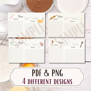 Puede incluir: Cuatro tarjetas de recetas con ilustraciones de utensilios de reposter&iacute;a. Cada tarjeta tiene l&iacute;neas para ingredientes, porciones, tiempo total e instrucciones. Las tarjetas est&aacute;n etiquetadas como "Recipe". La imagen tambi&eacute;n incluye el texto "PDF & PNG" y "4 DIFFERENT DESIGNS".