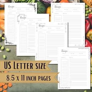 May include: A collection of white recipe cards with decorative borders and the word "Recipe" at the top. The cards have sections for ingredients, directions, and notes. The text "US LETTER SIZE 8.5 x 11 INCH PAGES" is displayed.