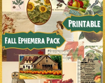 Descarga digital de efímeras imprimibles de otoño vintage, recortes minuciosos, álbum de recortes de diario basura de Acción de Gracias de otoño.