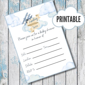 May include: A printable baby shower invitation with a watercolor design. The invitation features a blue biplane, clouds, and the text "Landing Soon." It includes lines for date, time, location, details, and RSVP information.