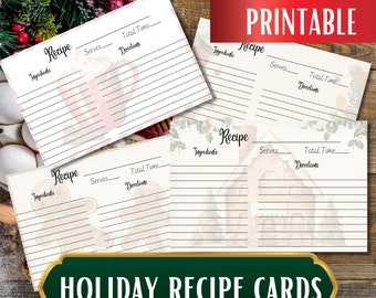 Puede incluir: Tarjetas de recetas navideñas imprimibles con diseños festivos. Las tarjetas presentan ilustraciones de una casa de jengibre, un hombre de jengibre y una taza de chocolate caliente. Cada tarjeta tiene espacio para ingredientes, porciones, tiempo total e instrucciones. Se muestran las palabras "Holiday Recipe Cards".