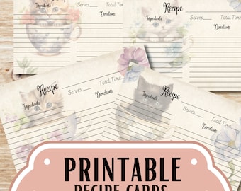 Puede incluir: Tarjetas de recetas imprimibles con una estética vintage. Cada tarjeta presenta una ilustración de acuarela de un gatito en una taza de té, rodeado de detalles florales. Las tarjetas tienen líneas para ingredientes, porciones, tiempo e instrucciones. Se muestra el texto "PRINTABLE RECIPE CARDS".