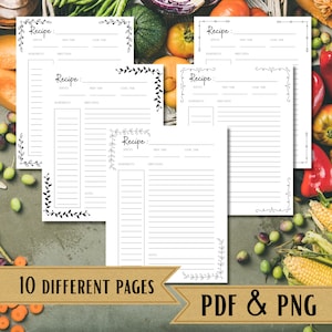 May include: A collection of white recipe pages with a minimalist design. Each page features a header with the word "Recipe" and sections for ingredients and directions. The pages are adorned with decorative floral corner accents. The text "10 DIFFERENT PAGES" and "PDF & PNG" are also visible.