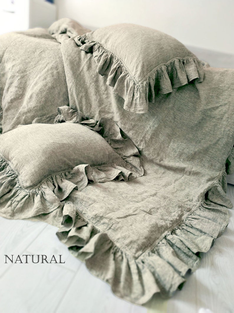 Ruffled Linen Duvet Cover Set Pillowcases Custom Bedding King Queen Twin Full Sizes Organic