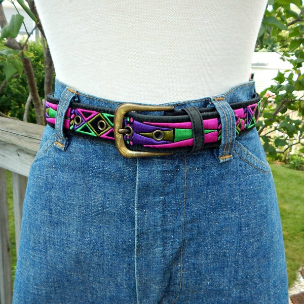 Royal Robbins Embroidered Faux Suede Abstract Pattern Black Belt, Size S, Vintage 80s Festival, Vegan