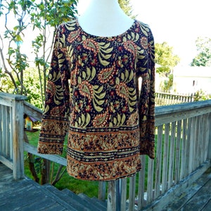 L XL Indian Cotton Paisley Top, Vintage 90s Sacred Threads, Floral Paisley Print Boxy Shirt
