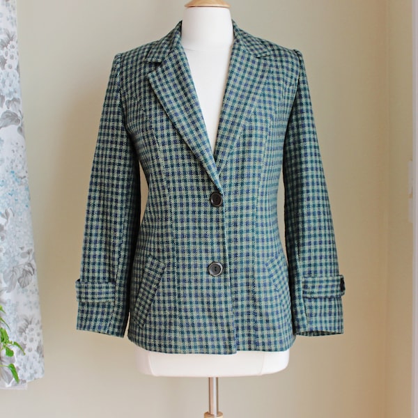 80s Does 40s Green Plaid Wool Tweed Blazer, Size M 8 10, Vintage Dormeuil England Long Jacket