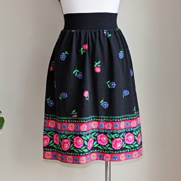 Gitano Black Floral Print Mini Skirt, Size XS S, Vintage 80s Cotton Knit, Elastic Waist, Pin Up, Rockabilly
