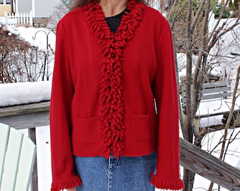 Red Boiled Wool Cardigan Sweater Jacket, Size L 12 14, Vintage 90s Talbots, Fringe Trim Shacket