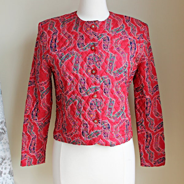 80s Red Quilted Cropped Jacket, Size S, Vintage Portraits Northern Isles, Floral Print Rayon, Shoulder Pads