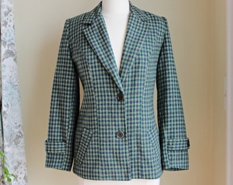 80s Does 40s Green Plaid Wool Tweed Blazer, Size M 8 10, Vintage Dormeuil England Long Jacket