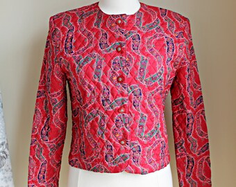 80s Red Quilted Cropped Jacket, Size S, Vintage Portraits Northern Isles, Floral Print Rayon, Shoulder Pads