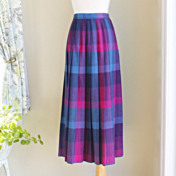 80s Hot Pink Plaid Pleated Midi Skirt, Size  XS S, 2 4, Waist 25 Inches, Vintage Significance Wool Preppy Schoolgirl