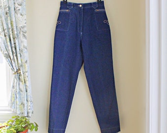 80s High Waist Metal Stud Jeans, Size S 6 Waist 26 27 Inches, Vintage Suzelle Dark Wash Cotton Denim Disco Pants