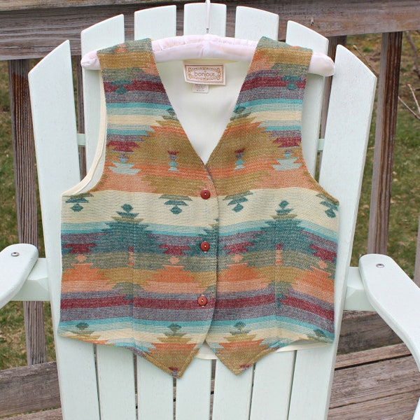 80s Southwestern Pattern Vest, Size S M, Vintage Bonjour Aztec Design Bohemian, Festival, Rockabilly Wear