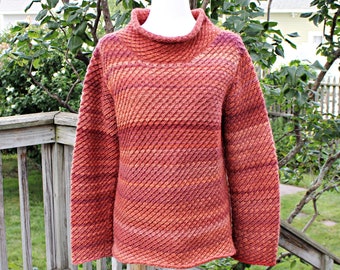 80s Orange Striped Sweater, Size M L, Vintage Handmade Hand Knit Ombre Stripe Wool Rolled Neck Turtleneck