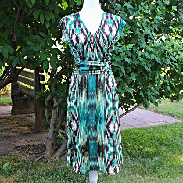 80s 90s Green Aztec Print Faux Wrap Midi Dress, Size S M, Vintage Kasper Stretchy Polyester Blend