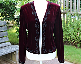 70s Cranberry Red Velvet Open Front Jacket, Size S M, Vintage Choice By Butte Evening Bolero Blazer