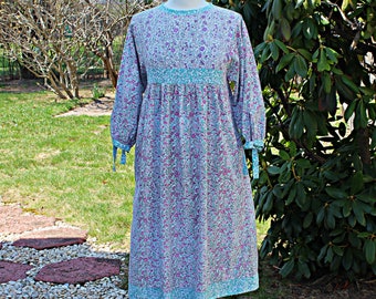 Karavan Indian Cotton Midi Dress, Size M, Vintage 80s Empire Waist, Mini Flower Print, Puff Sleeves