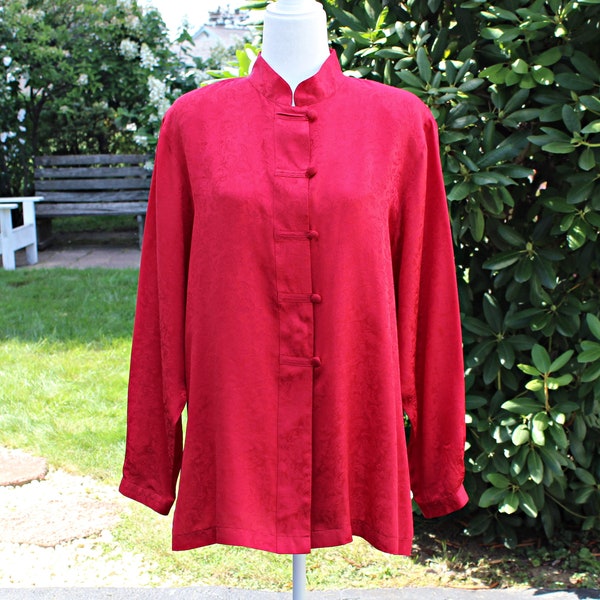 Red Asian Style Oversize Tunic Top, Size L, Vintage 90s Y2K Lise J Loose Fit, Floral Embossed Silk Blouse
