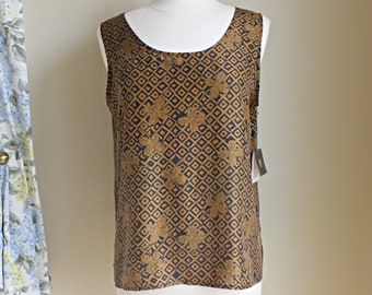 NOS 80s marrón estampado floral sin mangas top de seda, M L, Deadstock Vintage Valerie Stevens blusa holgada