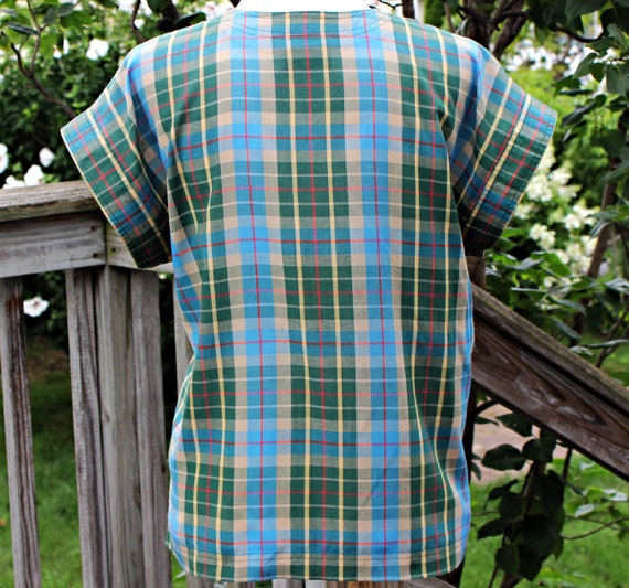 70s 80s Green Plaid Cap Sleeve Top, Size M L, Vin… - image 10