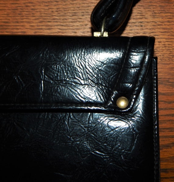 60s Black Faux Leather Handbag, Vintage Kadin, Br… - image 9