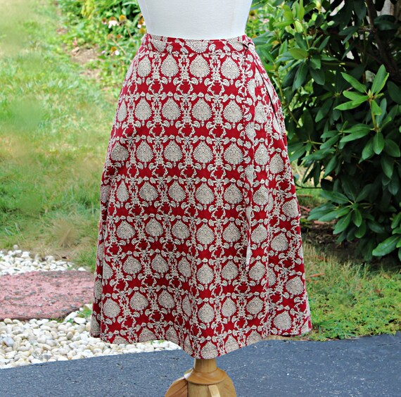 90s Y2K Brick Red Ethnic Print Wrap Skirt, Size M… - image 1