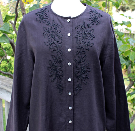 90s Black Linen Tunic Top Size M L, Vintage Valer… - image 2