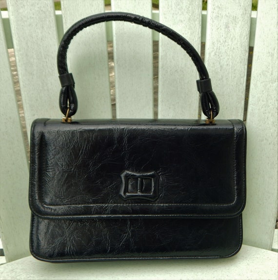 60s Black Faux Leather Handbag, Vintage Kadin, Br… - image 1