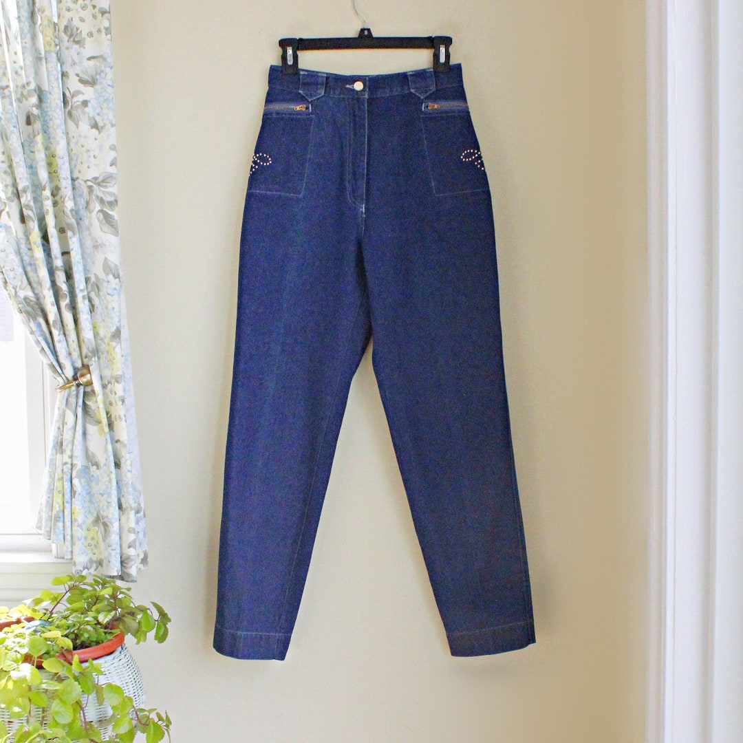 80s High Waist Metal Stud Jeans, Size S 6 Waist 26 27 Inches