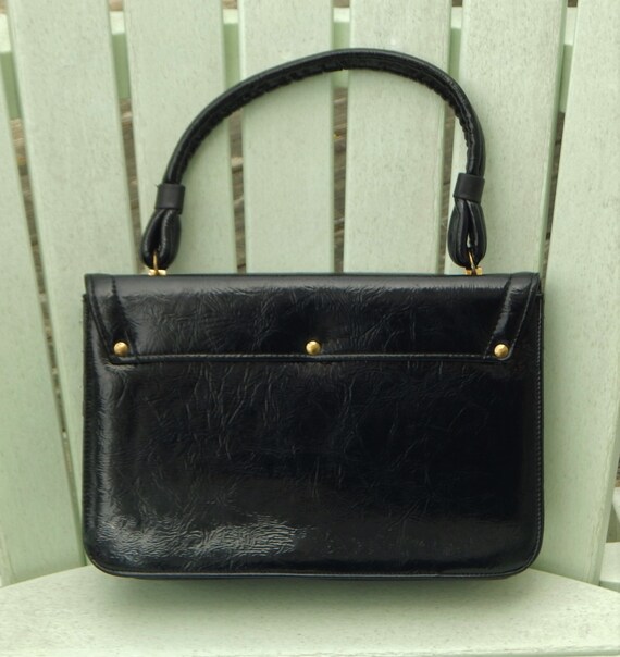 60s Black Faux Leather Handbag, Vintage Kadin, Br… - image 2
