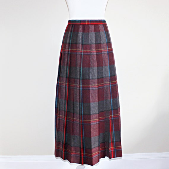 80s Pleated Gray Cranberry Red Maxi Skirt, Size S… - image 1