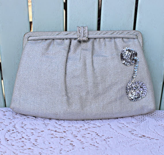 60s Metallic Silver Lame Convertible Clutch, Hand… - image 1