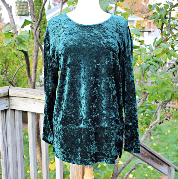 90s Dark Green Crushed Velour Tunic Top, Size M L,