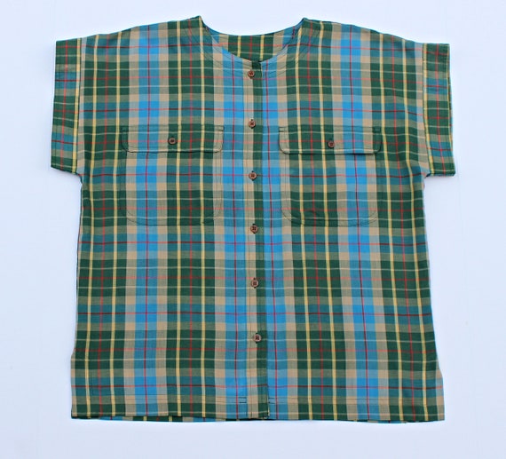 70s 80s Green Plaid Cap Sleeve Top, Size M L, Vin… - image 8
