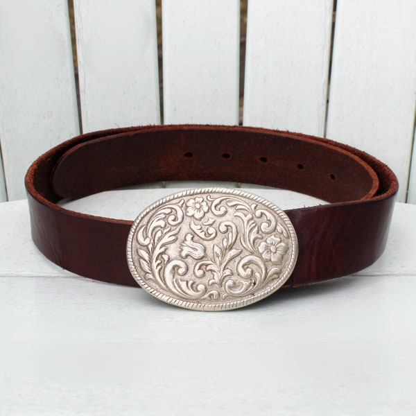 Brown Leather Floral Buckle Wide Belt, Size L XL, Waist 30-34 Inches, Vintage 80s Banana Republic Unisex Streetwear