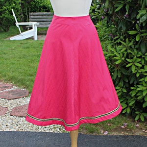 Hot Pink Festival Square Dance Circle Skirt, Size, Vintage 60s 70s Handmade Paisley Trim Black Cotton